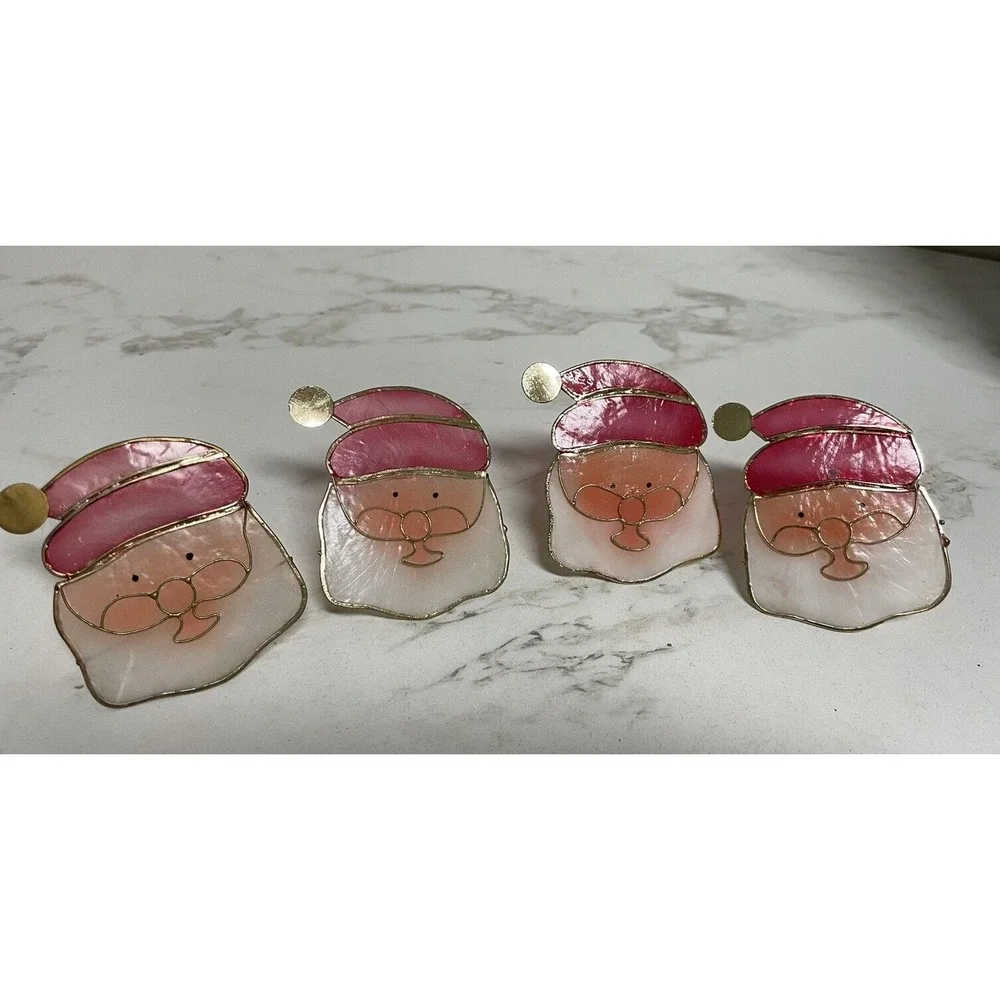 Vtg Lot of 4 Capiz Shell Santa Clip On Christmas Tree Miniature Light Covers